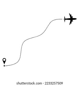 Airplane flight route vector icon with dotted line on white background. Flight location pin. Great for travel track logos.