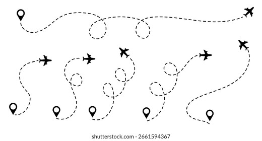 Airplane Flight Routes with Dotted Path and Location Pins – Vector Travel Map Set.
