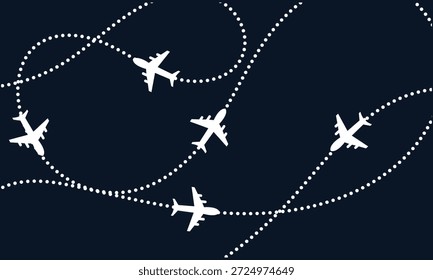 Rotas de voo do avião trajeto padrão de fundo. Plano de fundo perfeito com temas de aviação, com ícones de aviões e trajetórias de voo pontilhadas, representando viagens aéreas e transporte global.
