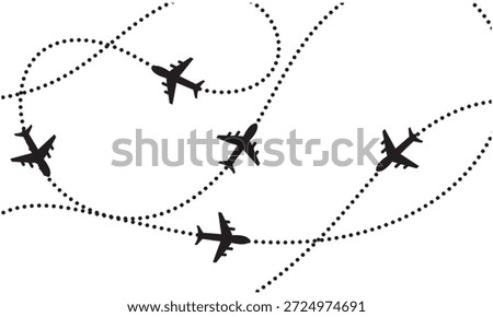 Airplane flight routes travel pattern background. Seamless aviation themed background with airplane icons and dotted flight paths, representing air travel, global transportation.
