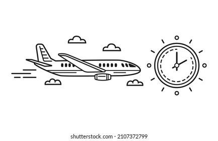Airplane flight schedule travel time, departure or arrival hour, aircraft duration. Planning fly date status. Clock timer booking airline ticket. Waiting air tourist trip at airport. Outline vector