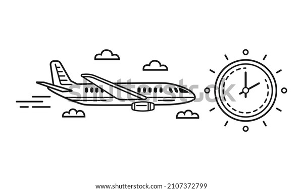 Airplane flight schedule travel time, departure or\
arrival hour, aircraft duration. Planning fly date status. Clock\
timer booking airline ticket. Waiting air tourist trip at airport.\
Outline vector