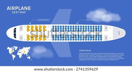 Airplane Flight Seat Map, Flat Aircraft Interior Seating Plan Top View with Business and Economy Class Vector Illustration
