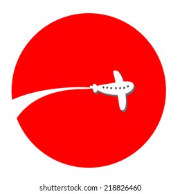 Airplane flight sun illustration. White cute airplane in red circle. Vector silhouette. Isolated on white. For airplane flight tickets, web page design, as icon.