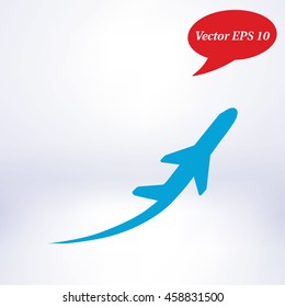 Airplane flight tickets air fly travel takeoff silhouette element. Plane symbol. Travel icon. Flat design. EPS 10.