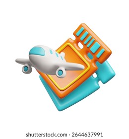 Airplane flight tickets, seat voucher or coupon 3D plastic cartoon style icon. Label, tag for air transport passengers. White commercial jet airplane. Vector render illustration. Time to travel