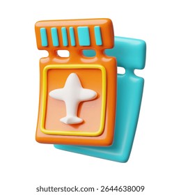 Airplane flight tickets, seat voucher or coupon 3D plastic cartoon style icon. Label, tag for air transport passengers. Vector render illustration isolated. Vacation, Time to travel concept