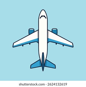 Airplane in flight, top view, flat design