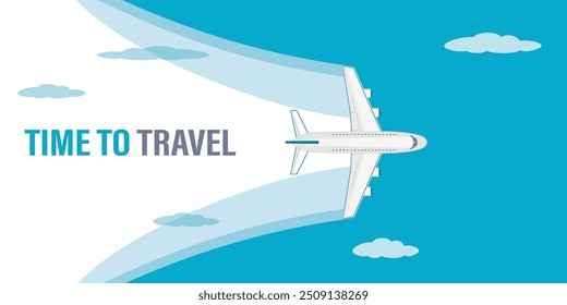 Airplane flight, top view. Plane journey, time to travel, tours, airport advertising, trip abroad on vacation, and plane routes, horizontal banner. Place for text, template. flat vector illustration