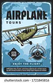 Airplane flight tours, plane travel and air tourism, vector vintage poster. Vacation and tourism, airplane flight trips, civil aviation trips, retro propeller airplane flight in sky, private jets club