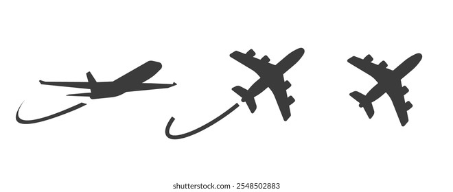 Airplane flight trail icon logo simple vector graphic illustration set pictogram, air plane path silhouette shape sign symbol, airliner jet raise route minimal image clip art isolated cut out 