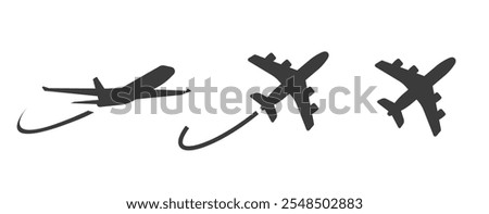 Airplane flight trail icon logo simple vector graphic illustration set pictogram, air plane path silhouette shape sign symbol, airliner jet raise route minimal image clip art isolated cut out 