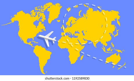 Airplane And Flight Trajectory On The World Map. Vector Illustration.