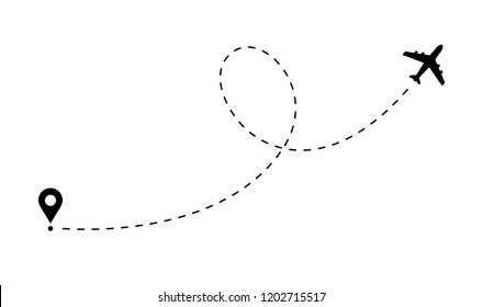 Airplane flight vector abstract flat design path. Flying passenger plane way icon.