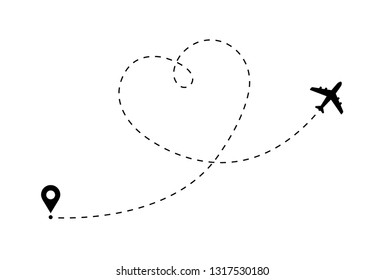 Airplane flight vector abstract flat design love path icon. Flying passenger plane way heart shape illustration.