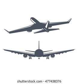 Airplane flight vintage vector illustration. logo design for passenger aircraft flying in sky in old monochrome style. isolated on white background