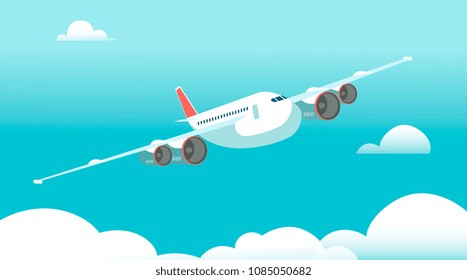 Airplane in flight with white clouds and blue sky background. Vector illustration. Air plane and aircraft, travel journey