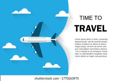 Airplane flight white clouds on sky blue background. time to travel concept. vector illustration in flat style modern design. top view.