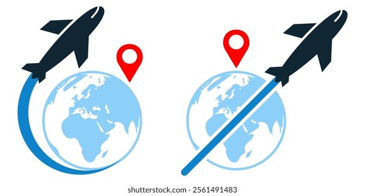 airplane flights around the world with pin map, travel plane, and planet earth with line routes paths Aircraft tracking. flight track. Plane routes flight air dotted