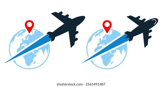 airplane flights around the world with pin map, travel plane, and planet earth with line routes paths Aircraft tracking. flight track. Plane routes flight air dotted
