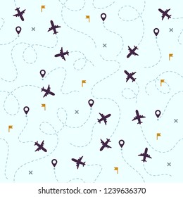 Airplane Flights Pattern. Plane Travel, Avia Traveling Routes And Aviation Or Aircraft Travel Dotted Map. Dot Airplane Flight Sky Traveler Track Vector Seamless Background