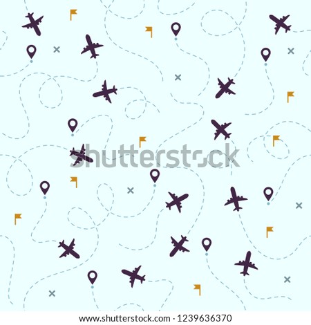 Airplane flights pattern. Plane travel, avia traveling routes and aviation or aircraft travel dotted map. Dot airplane flight sky traveler track vector seamless background