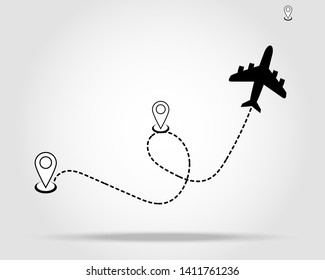Airplane fligth route or air plane destination line path vector icon eps10
