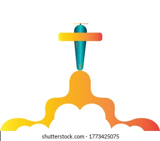 Airplane fling in sky with big orange gradient color smoke behind it