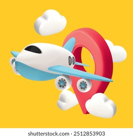 Airplane is float away from location pin and cloud. Banner design for making ad media about tourism. Travel transport concept