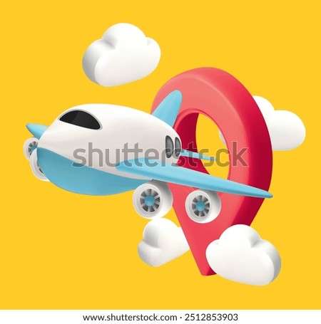 Airplane is float away from location pin and cloud. Banner design for making ad media about tourism. Travel transport concept