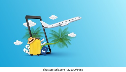 El avión está flotando lejos del smartphone con nube. Amarillo de equipaje, sombrero, árbol de coco y pasaporte de avión en un costado. Para hacer turismo de medios publicitarios. Concepto de transporte de viajes. Vector 3D.