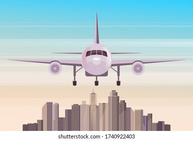 Airplane fly above city buildings concept. Vector flat cartoon graphic design illustration