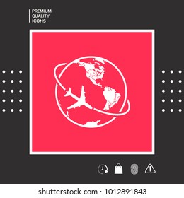 Airplane fly around the planet Earth logo icon