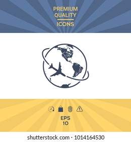 Airplane fly around the planet Earth logo icon