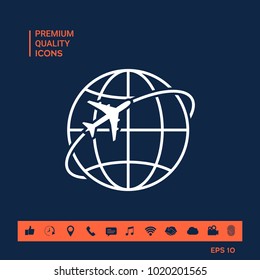 Airplane fly around the planet Earth logo icon