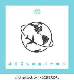Airplane fly around the planet Earth logo icon