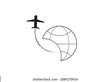Airplane fly around the planet Earth logo icon.Globe and plane travel icon isolated on white background.Line Vector illustration EPS 10.