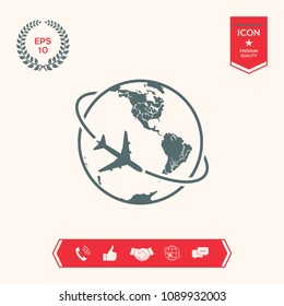 Airplane fly around the planet Earth logo icon