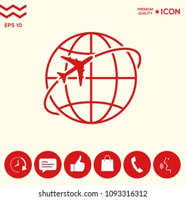 Airplane fly around the planet Earth logo icon