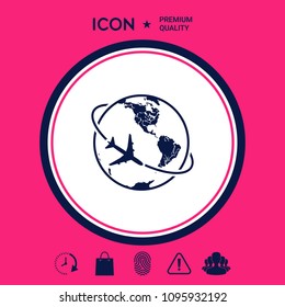 Airplane fly around the planet Earth logo icon