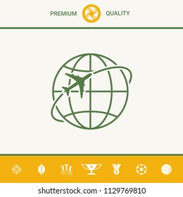 Airplane fly around the planet Earth logo icon