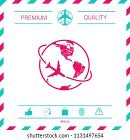 Airplane fly around the planet Earth logo icon