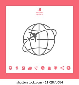Airplane fly around the planet Earth logo icon