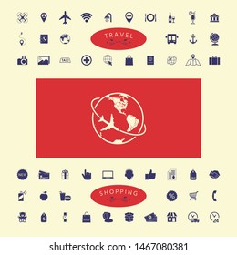 Airplane fly around the planet Earth logo icon