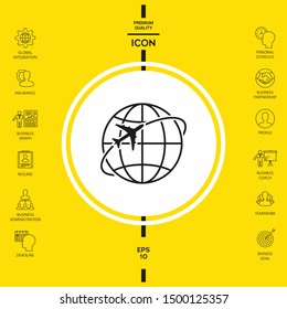 Airplane fly around the planet Earth logo icon