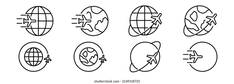 Airplane fly around the planet Earth set vector line icons