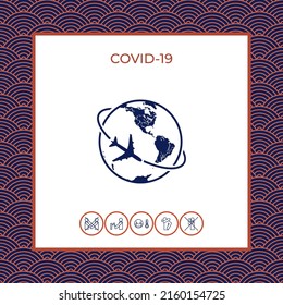 Avión vuela alrededor del icono del logo del planeta Tierra. Elemento para su diseño.