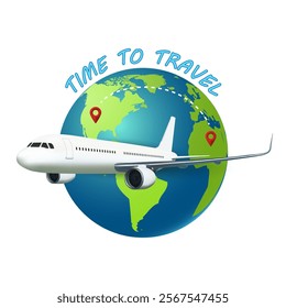 Airplane fly around the planet Earth, travel concept design, vector illustration