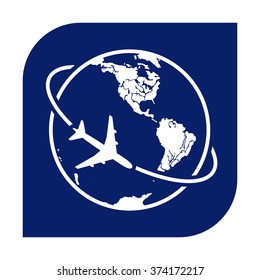Airplane fly around the planet Earth. Logo.