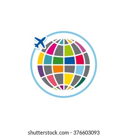 Airplane fly around the planet earth. Globe and plane. Vector icon.